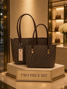 FASHION Brown Monogram Two-Piece Tote Set with Gold Hardware